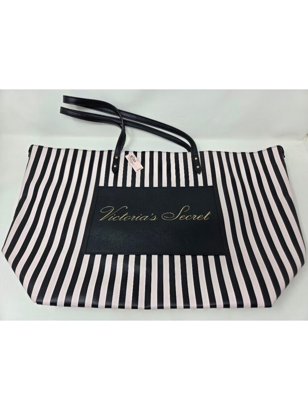 Victoria's Secret Black White Stripe Tote Bag Faux Leather Snap Closure Large